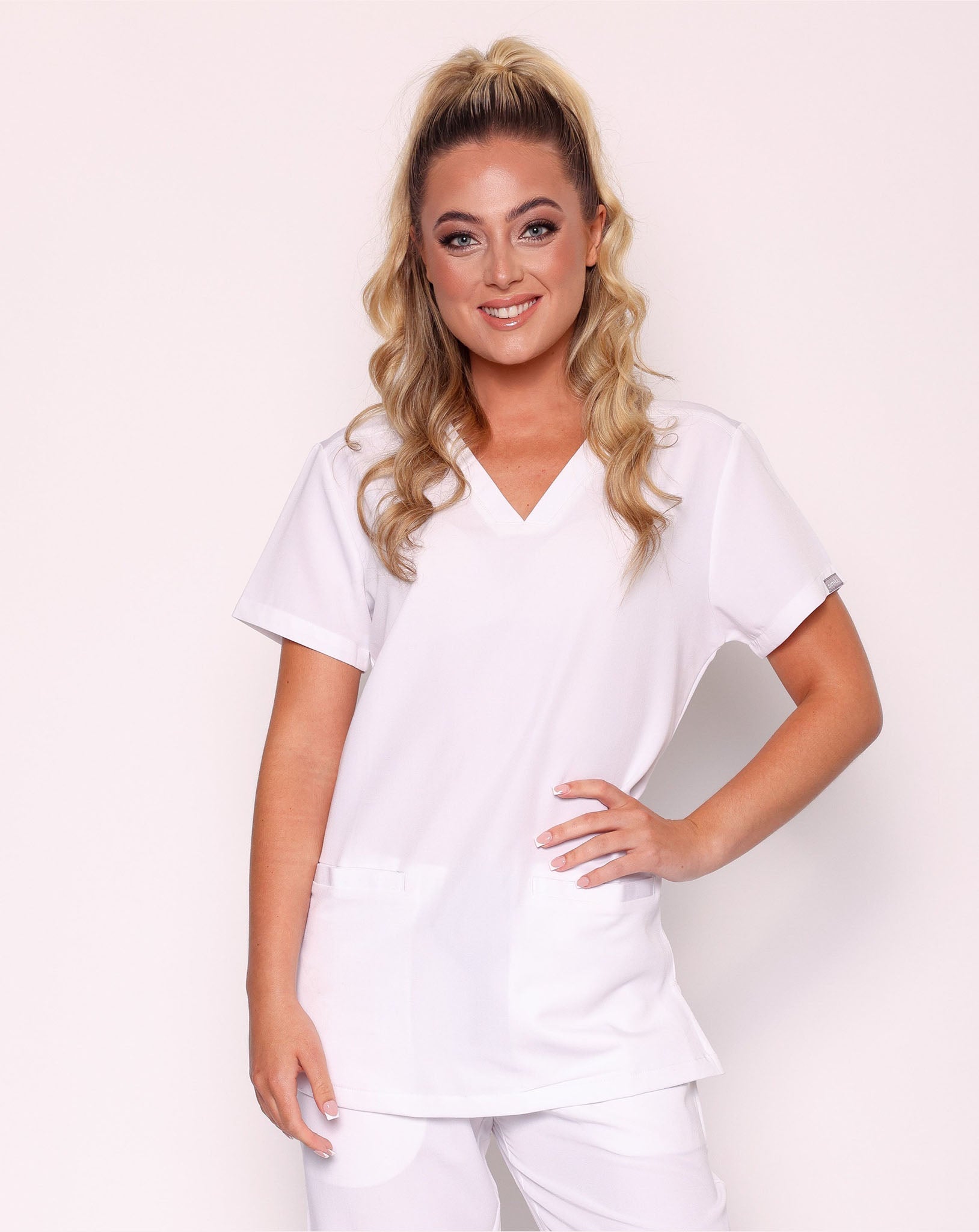 Ari Long Length Scrub Top - White