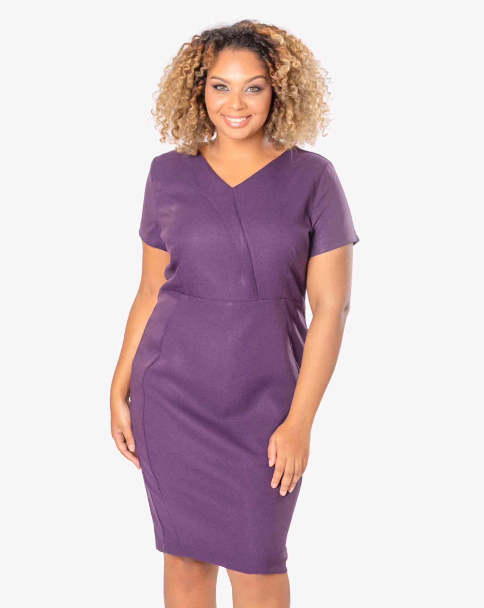 Shine V-Neck Dress (Luxury Twill) - Aubergine