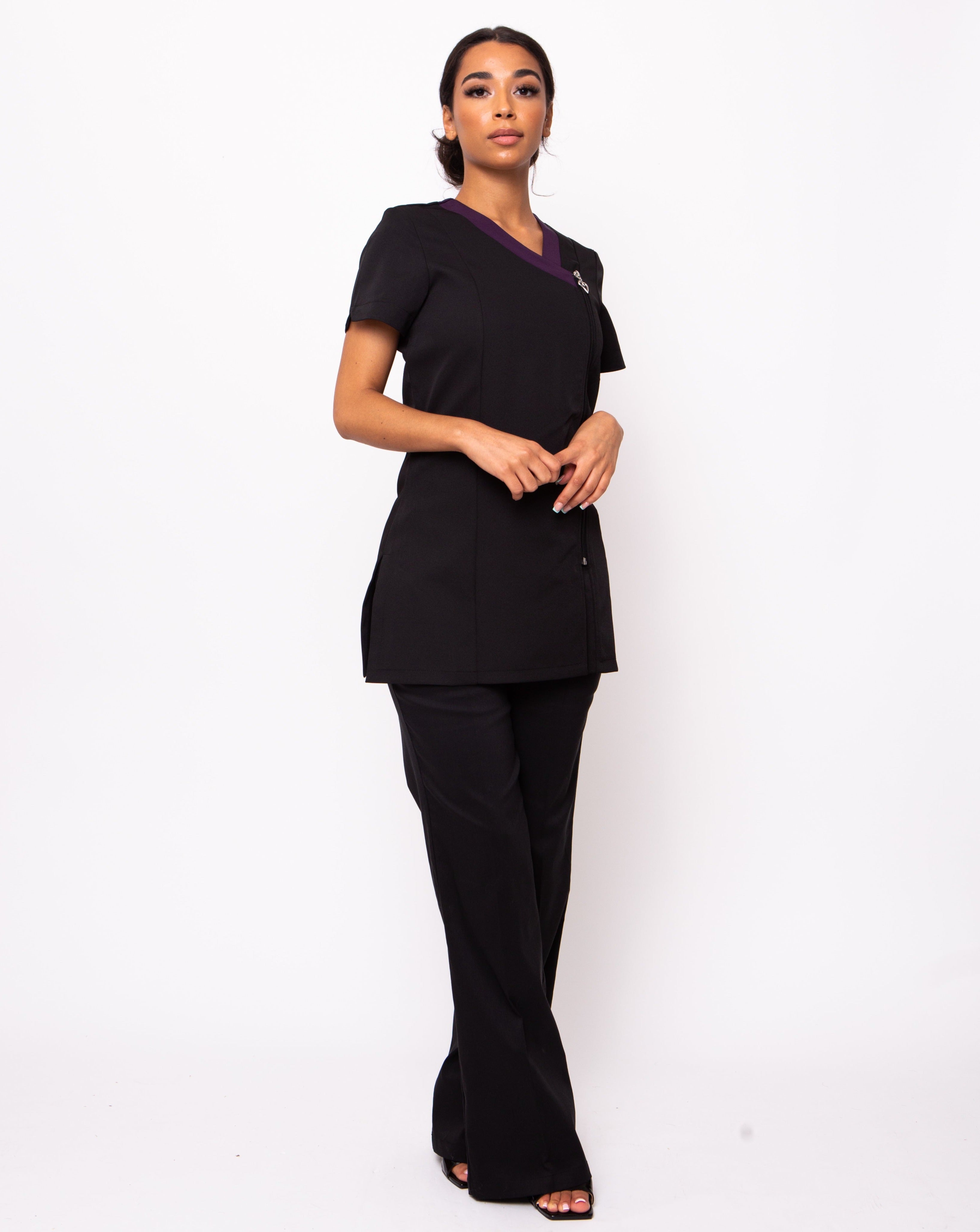 Black and aubergine beauty therapist tunic