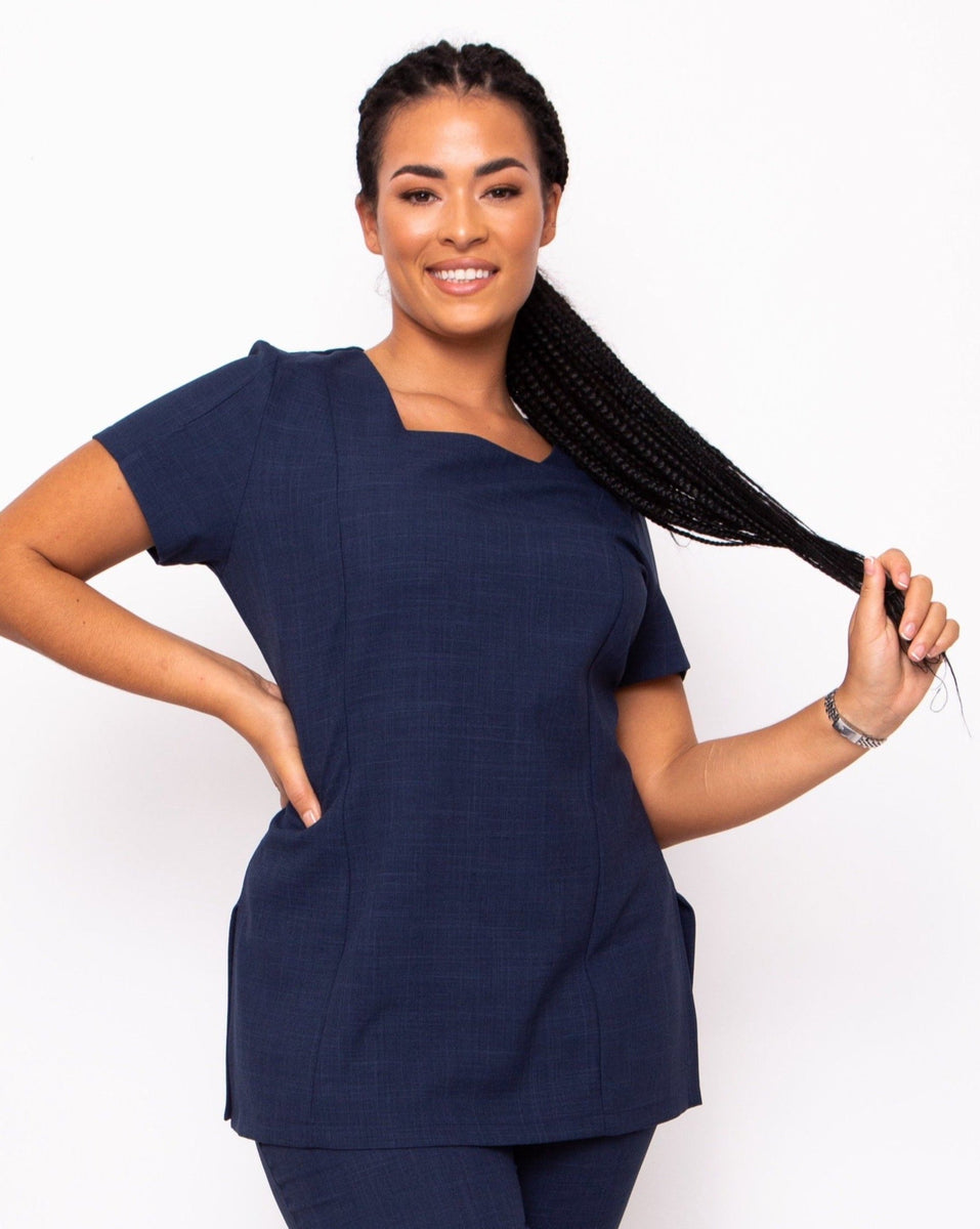 Chic Square Neck Beauty Tunic | Midnight Navy Blue Salon Uniform ...