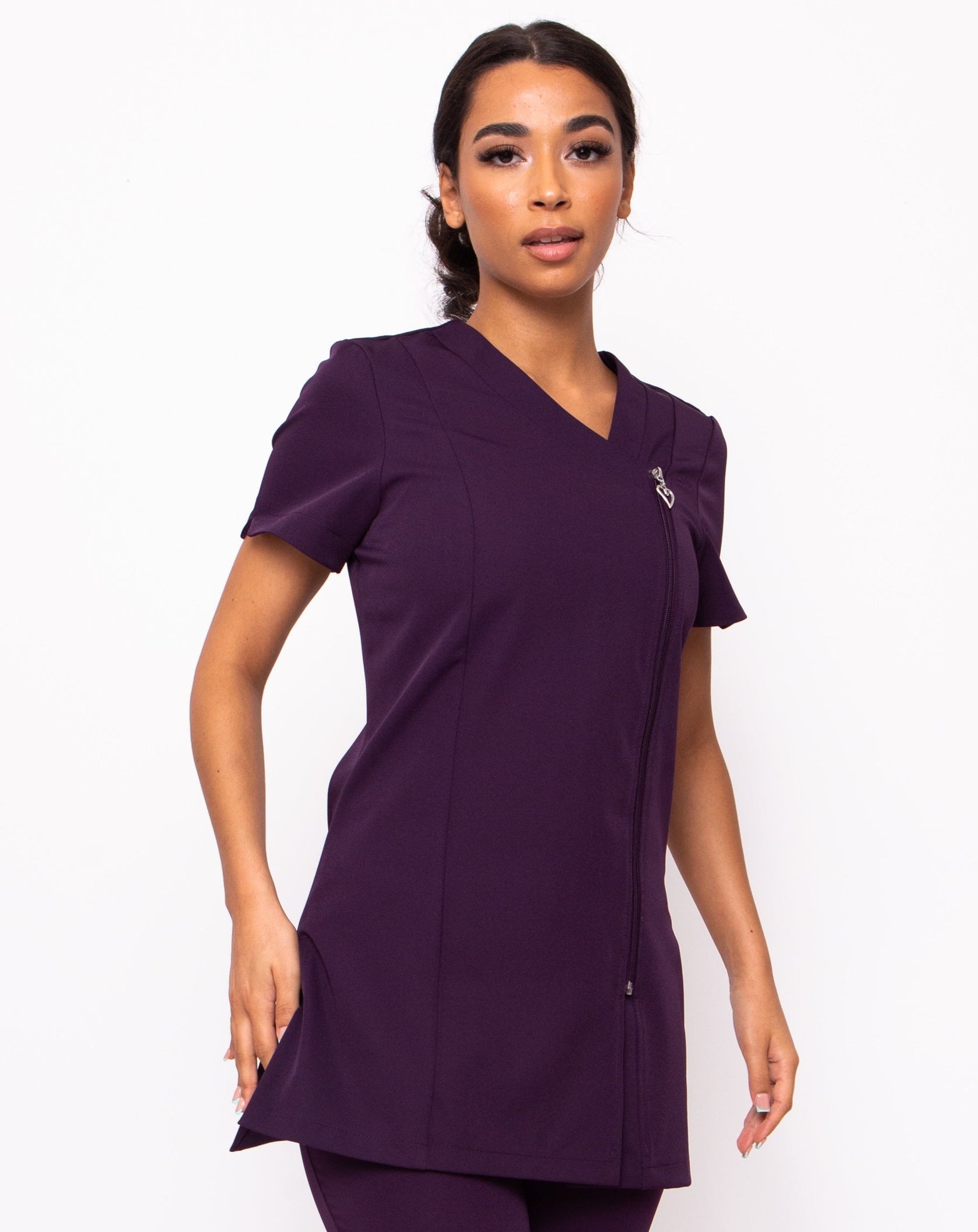 Belle Aubergine Asymmetric Zip Front Beauty Tunic | Nail Technician ...