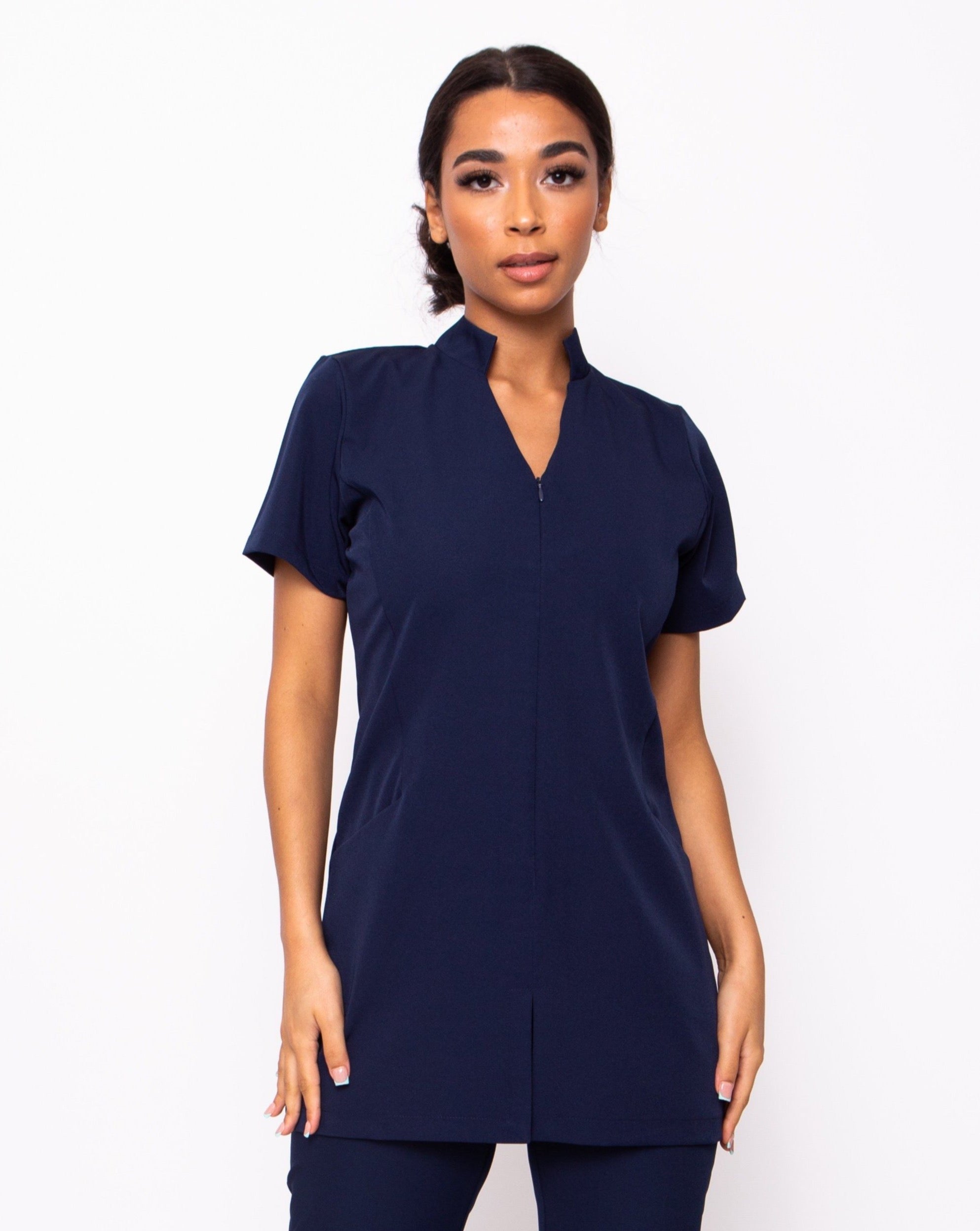 Allure Navy V Neck Stretchy Beauty Work Tunics with Pockets UK