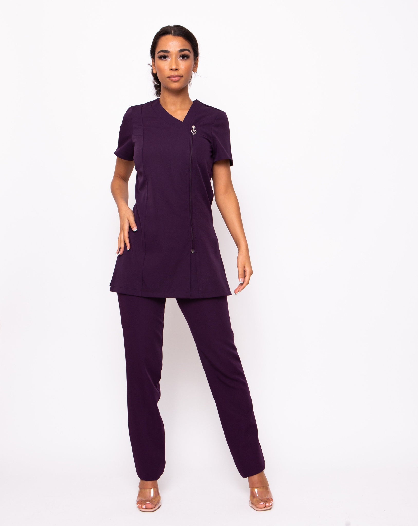 Belle Aubergine Asymmetric Zip Front Beauty Tunic | Nail Technician ...