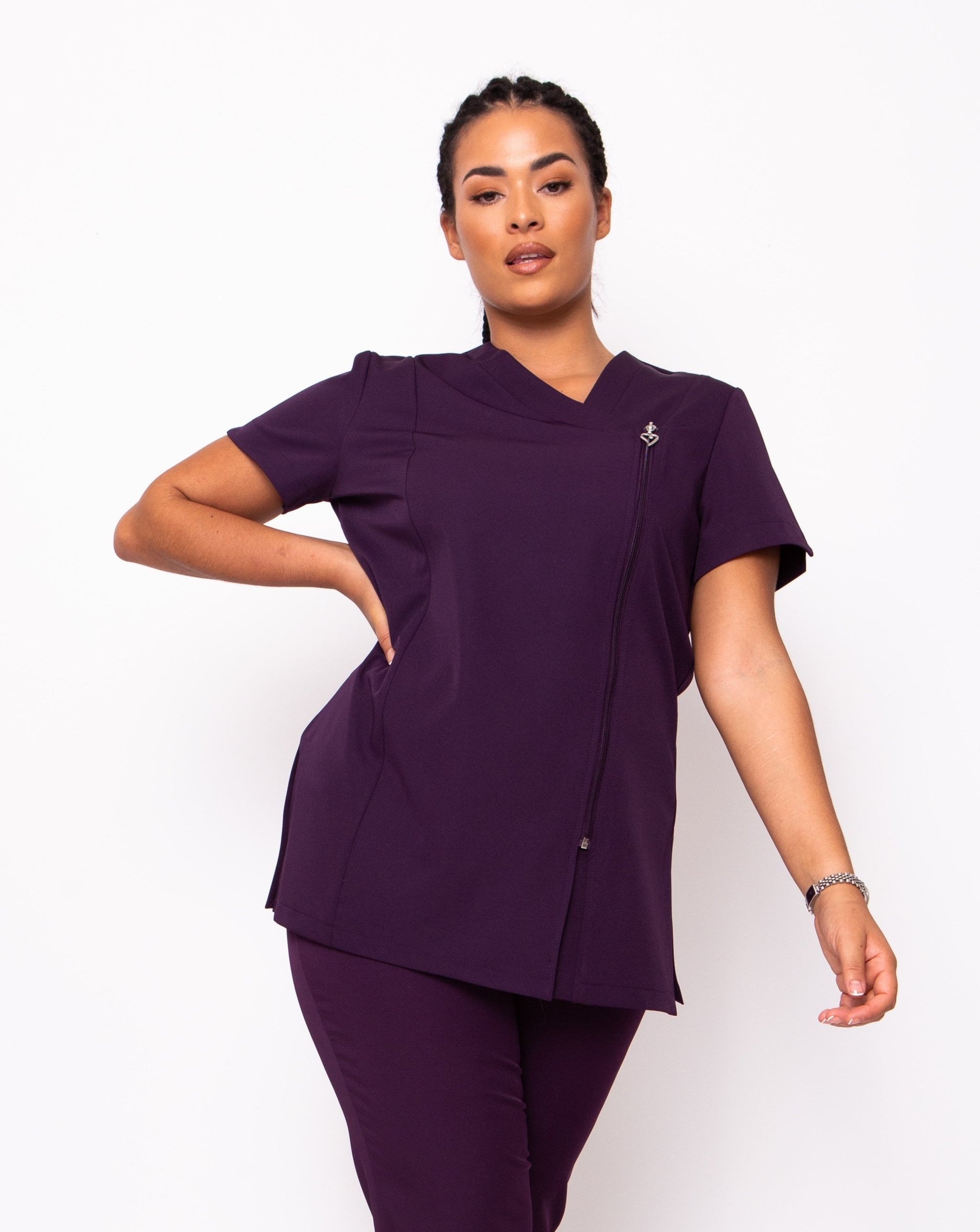 Belle Aubergine Asymmetric Zip Front Beauty Tunic | Nail Technician Tunic