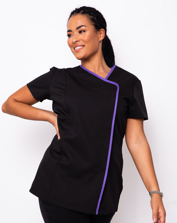 Charm Asymmetric Black Beauty Tunic Top with Purple Trim | Modern Spa ...