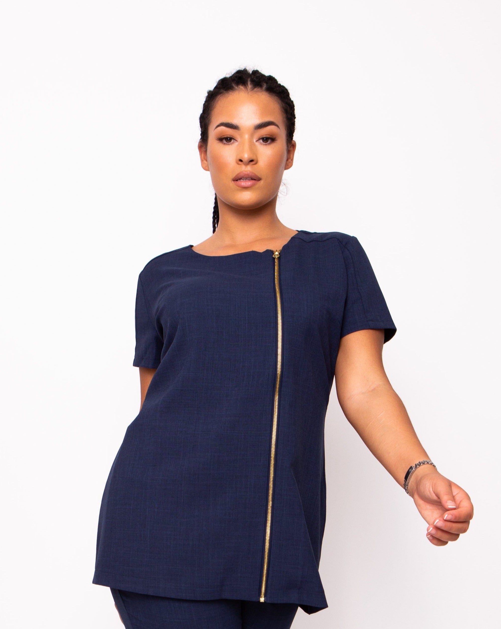 gold zip front navy tunic uniform